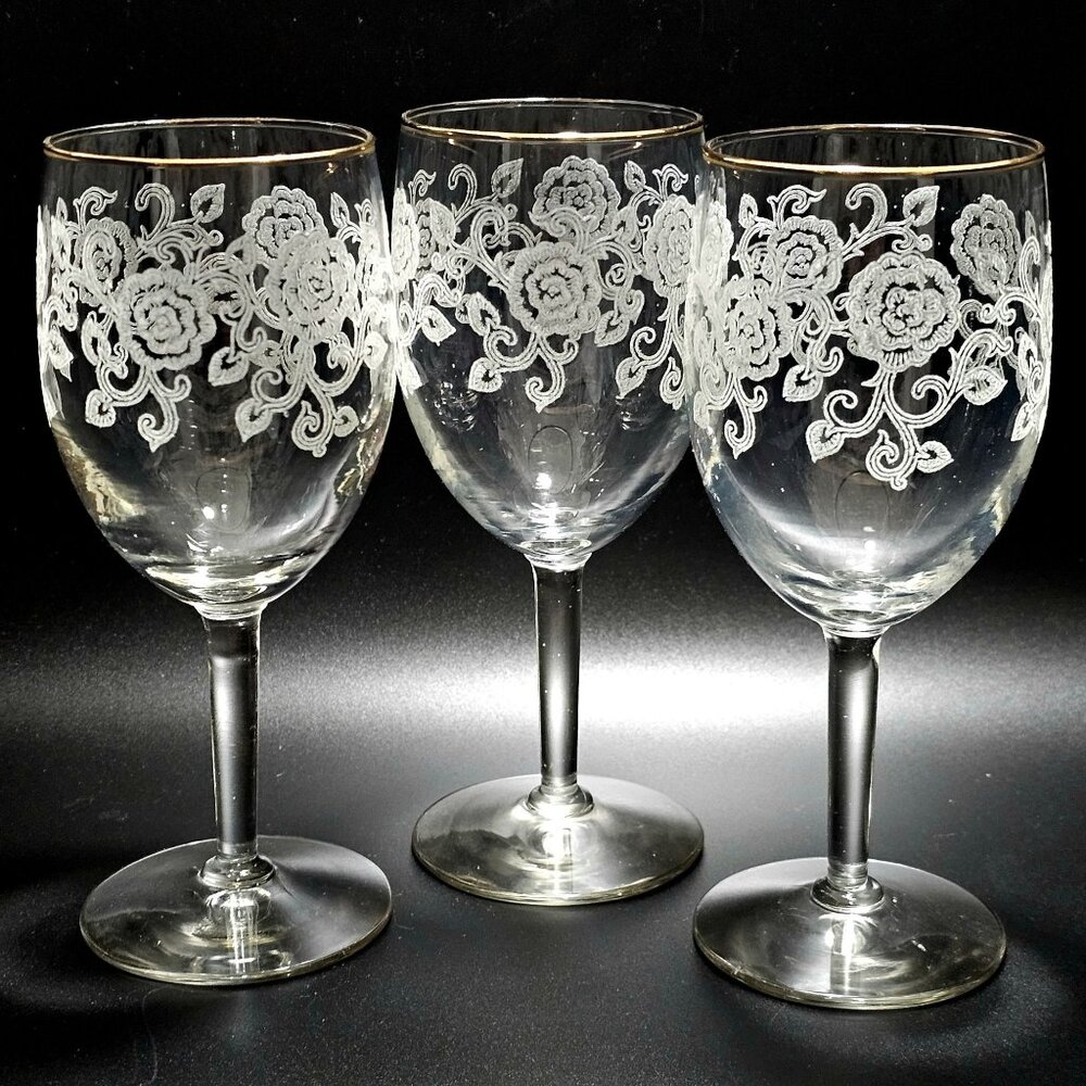 3 Libbey Rose Etching Water Glasses 7" floral scrolls gold trim 1970s romantic e